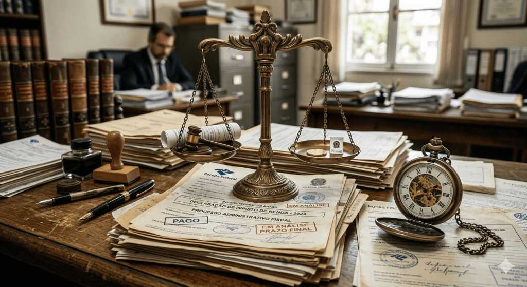Representação da balança da justiça sobre a prescrição do redirecionamento da execução fiscal