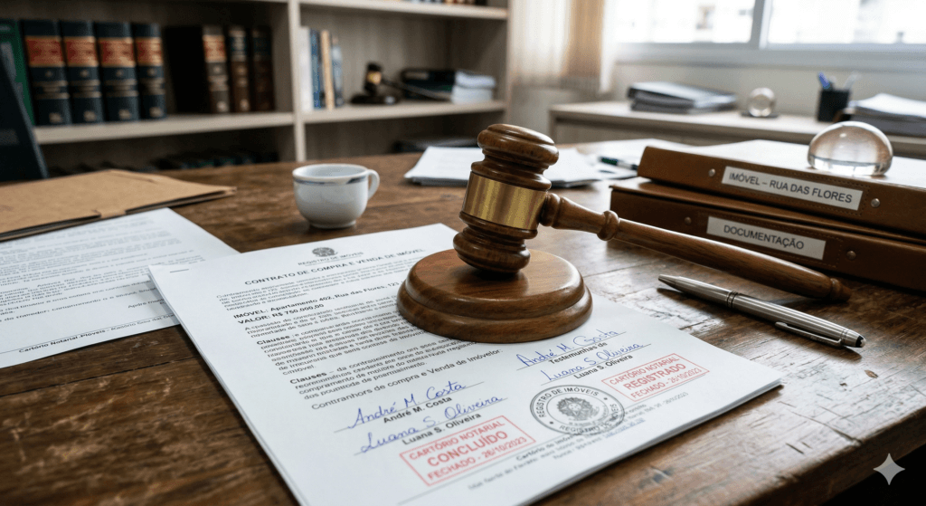 Documentos de arrematação judicial sobre a mesa de um advogado