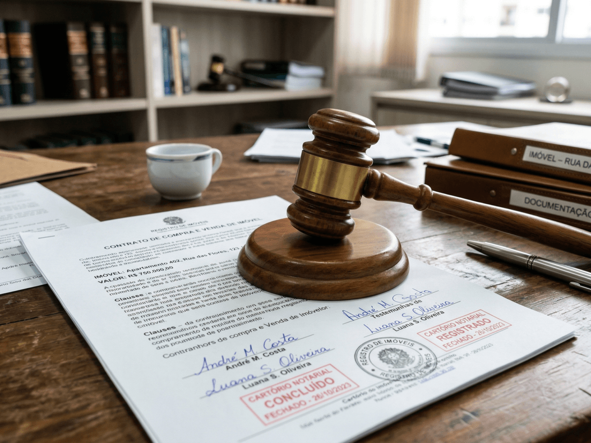 Documentos de arrematação judicial sobre a mesa de um advogado