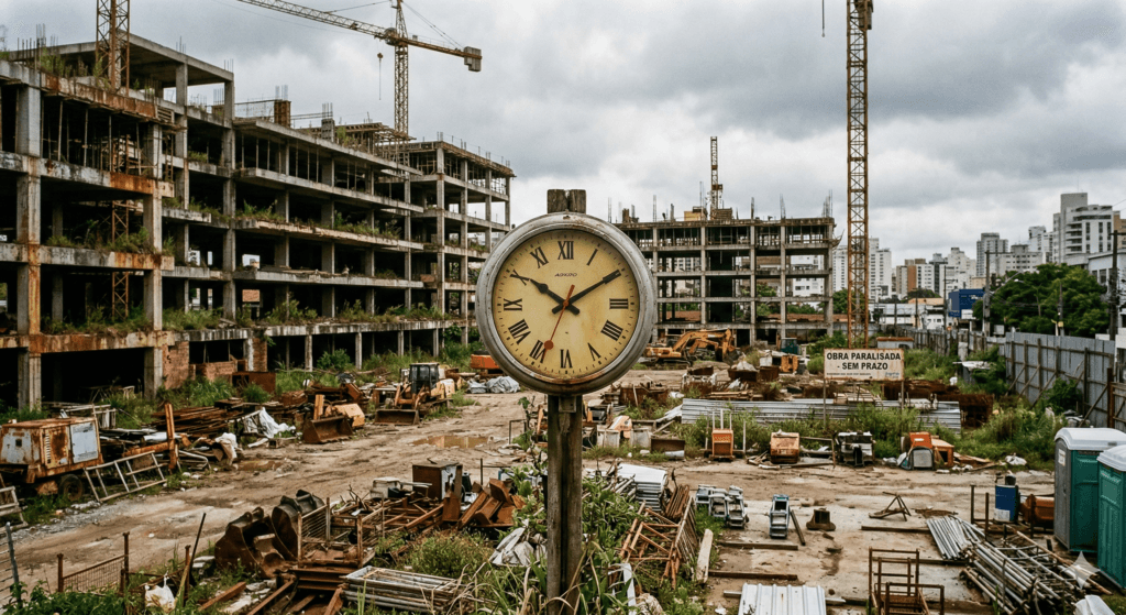 Canteiro de obras paralisado representando o atraso na entrega do imóvel e o prejuízo do consumidor