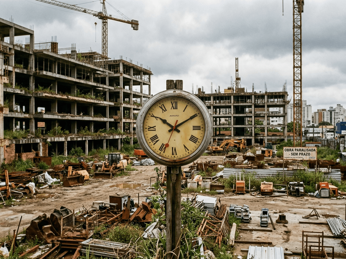 Canteiro de obras paralisado representando o atraso na entrega do imóvel e o prejuízo do consumidor