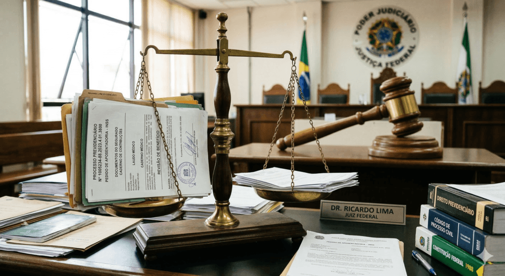 Representação visual da justiça revertendo acusação de estelionato previdenciário