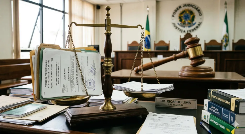 Representação visual da justiça revertendo acusação de estelionato previdenciário
