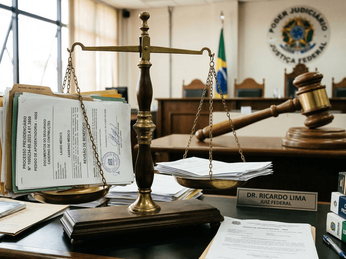 Representação visual da justiça revertendo acusação de estelionato previdenciário