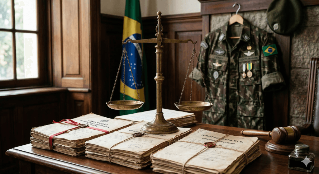 Balança da justiça simbolizando a proteção jurídica da pensão por morte militar contra revisões administrativas.
