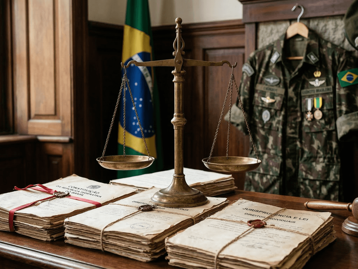 Balança da justiça simbolizando a proteção jurídica da pensão por morte militar contra revisões administrativas.