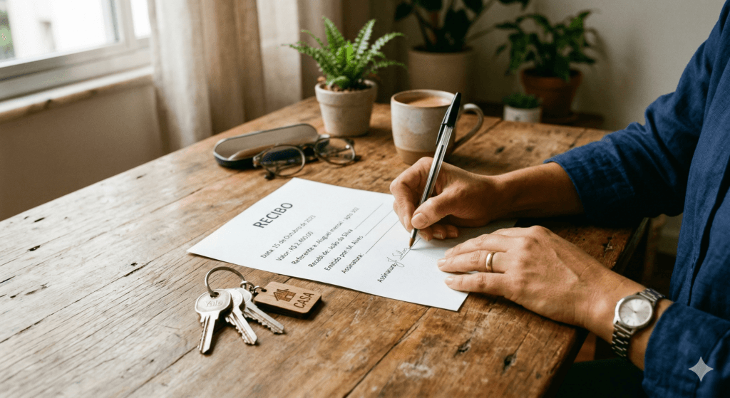 Pessoa assinando um recibo de compra e venda como justo título para processo de usucapião