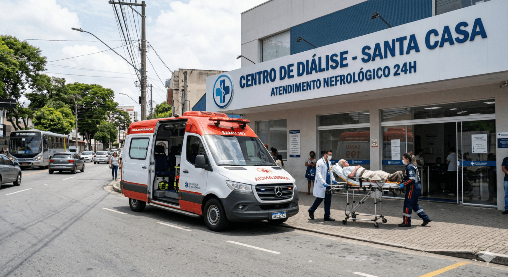 Ambulância equipada realizando o transporte em ambulância para hemodiálise de paciente idosa acamada