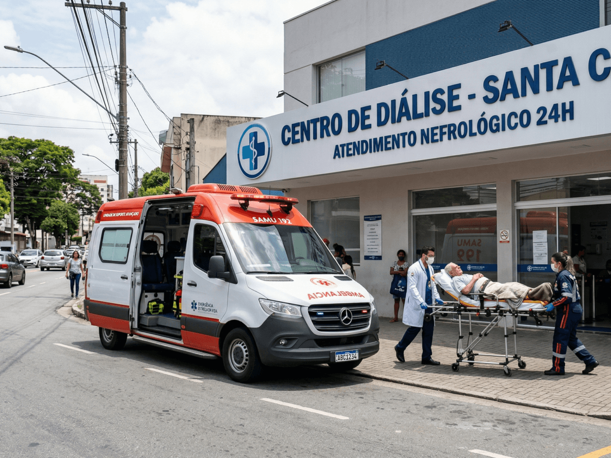 Ambulância equipada realizando o transporte em ambulância para hemodiálise de paciente idosa acamada