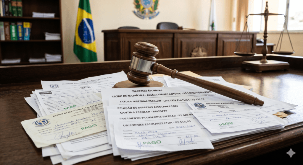 Juiz analisando provas em uma ação de exigir contas pensão alimentícia no tribunal