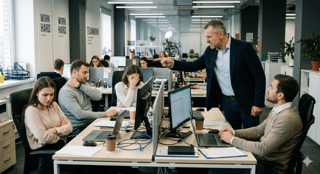 Ilustração de um ambiente sofrendo com assédio moral organizacional