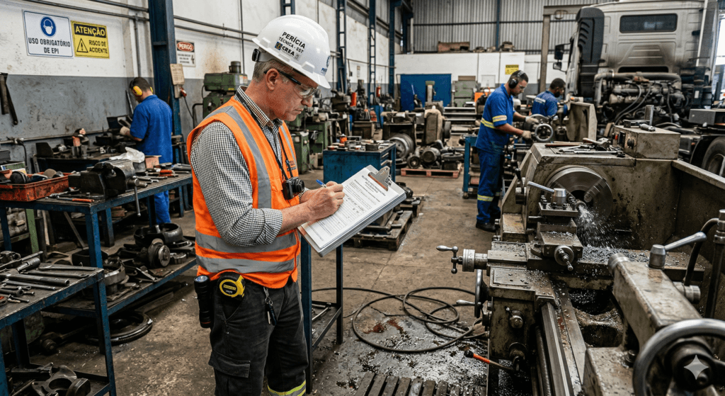 Perito realizando perícia por similaridade em ambiente industrial para aposentadoria especial