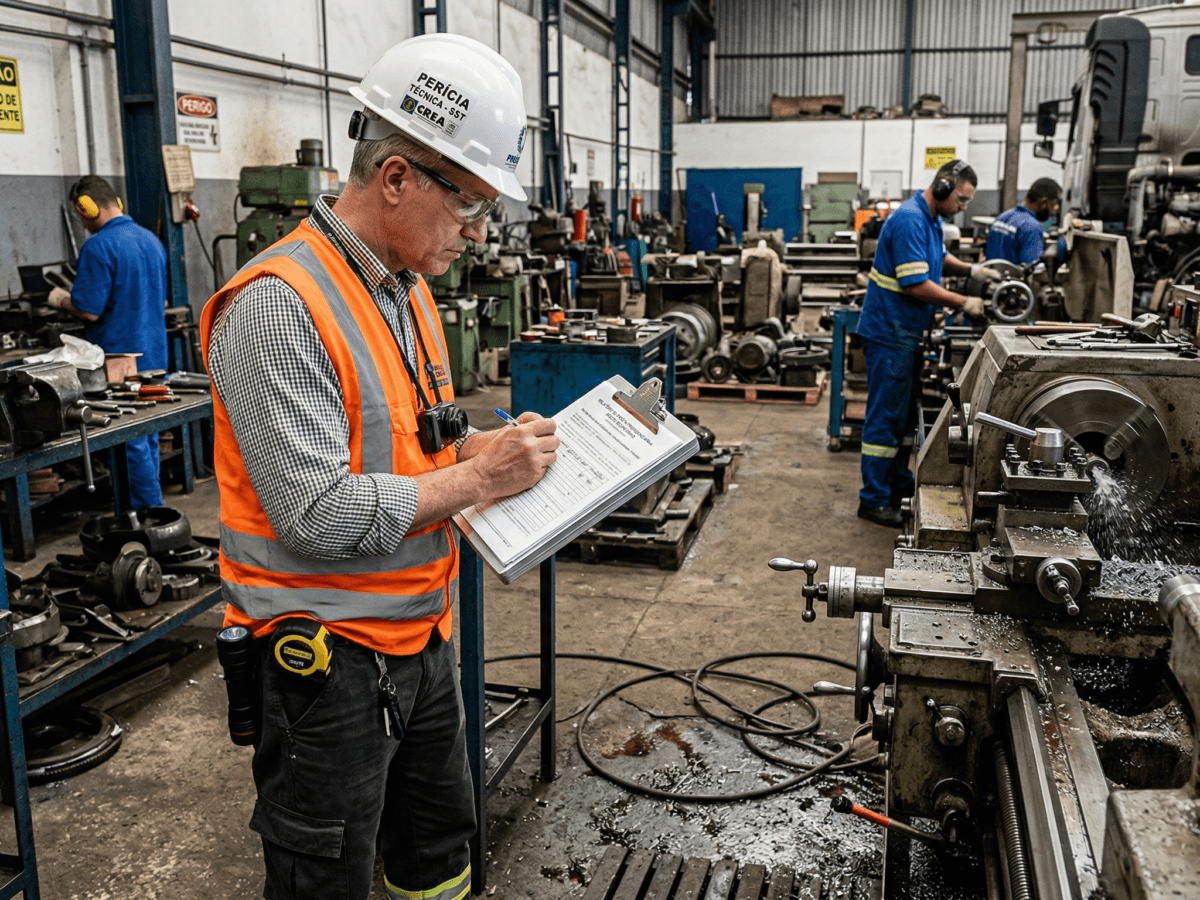 Perito realizando perícia por similaridade em ambiente industrial para aposentadoria especial