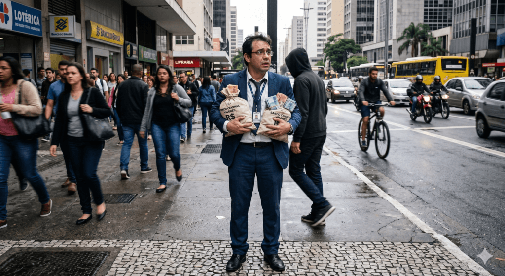 Trabalhador bancário exposto a riscos em via pública caracterizando o acúmulo de funções por transporte irregular de valores.