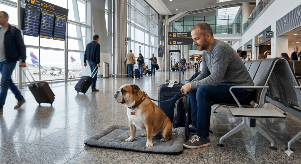 Passageiro aguardando o embarque no aeroporto com seu animal de suporte emocional da raça Bulldog Inglês.