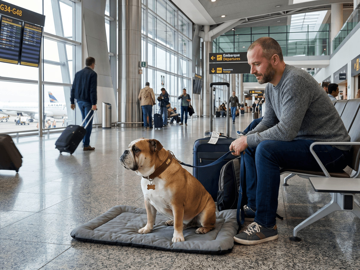 Passageiro aguardando o embarque no aeroporto com seu animal de suporte emocional da raça Bulldog Inglês.