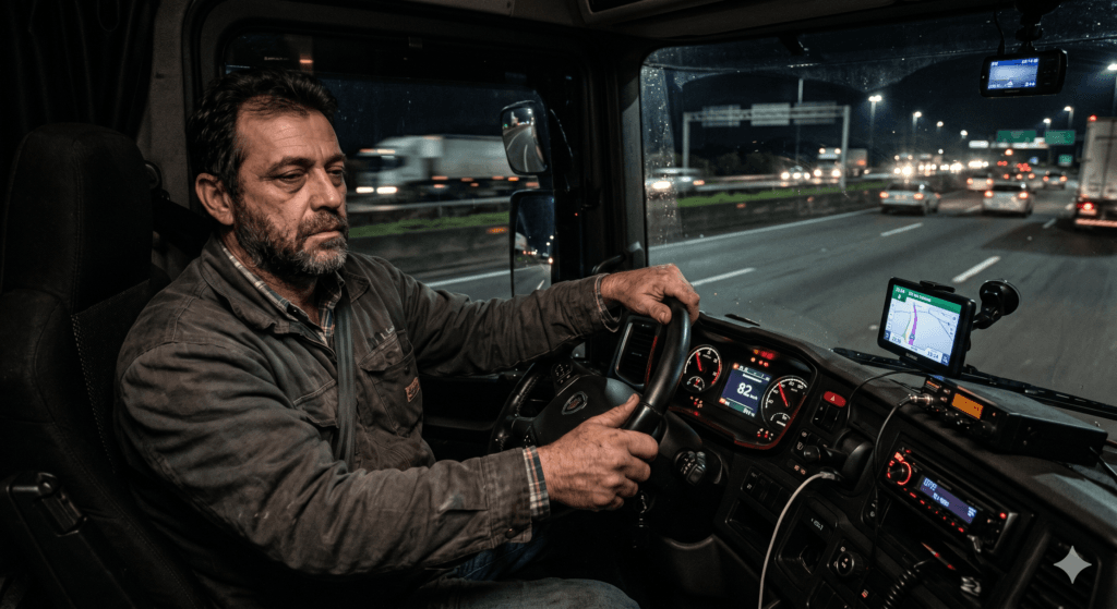 Um motorista de caminhão exausto, ilustrando a necessidade da aposentadoria especial por penosidade devido ao desgaste contínuo.