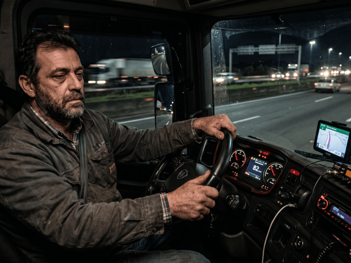 Um motorista de caminhão exausto, ilustrando a necessidade da aposentadoria especial por penosidade devido ao desgaste contínuo.