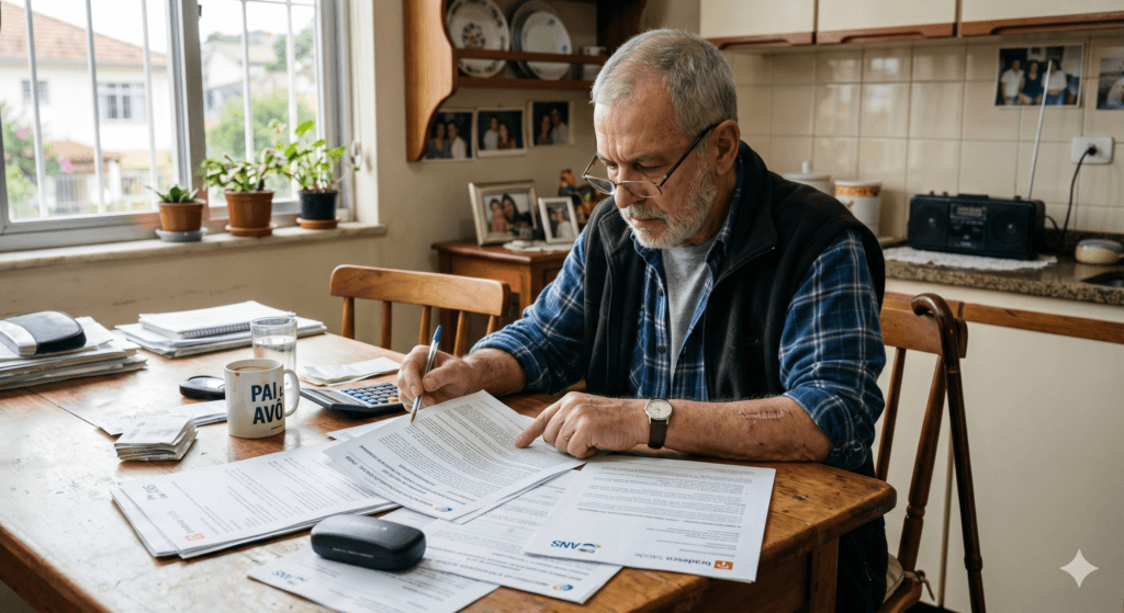 Empregado analisando documentos do plano de saúde após aposentadoria por invalidez