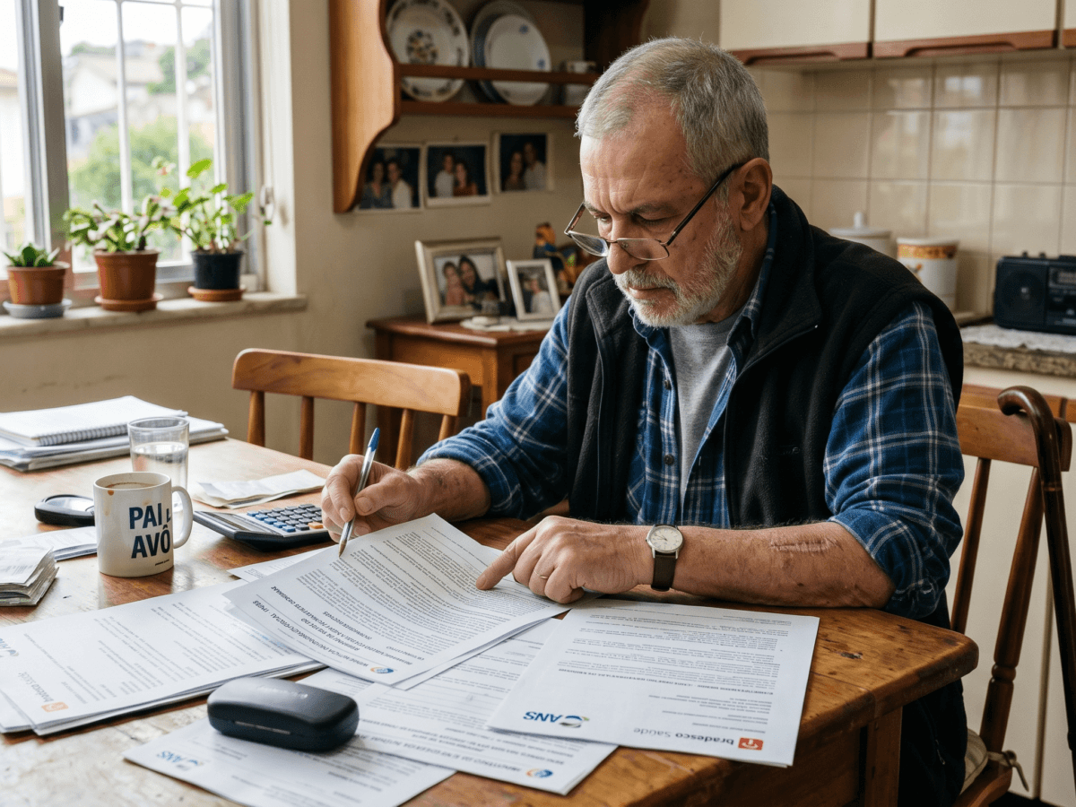 Empregado analisando documentos do plano de saúde após aposentadoria por invalidez