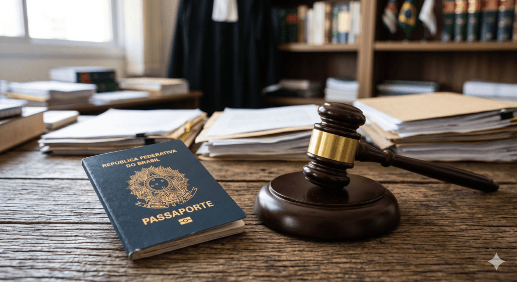 Ilustração representando a apreensão de passaporte como medida coercitiva atípica determinada pelo poder judiciário em processos de execução.