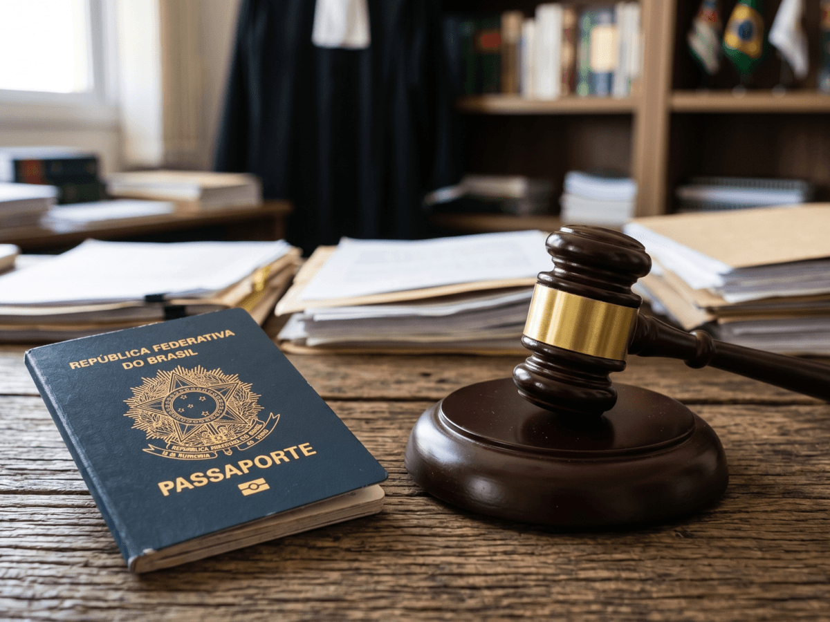 Ilustração representando a apreensão de passaporte como medida coercitiva atípica determinada pelo poder judiciário em processos de execução.
