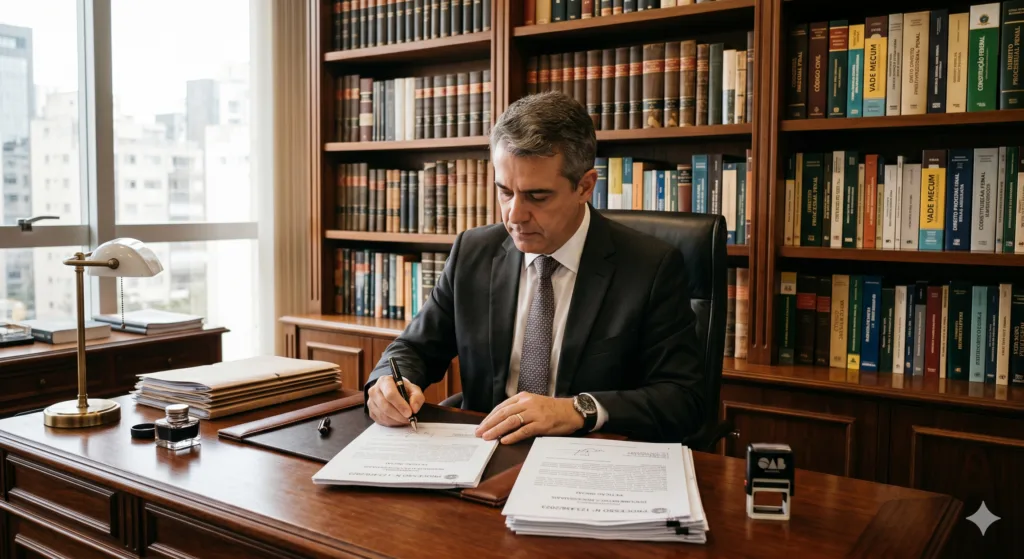 Advogado assinando petição de desistência do recurso trabalhista em um escritório jurídico