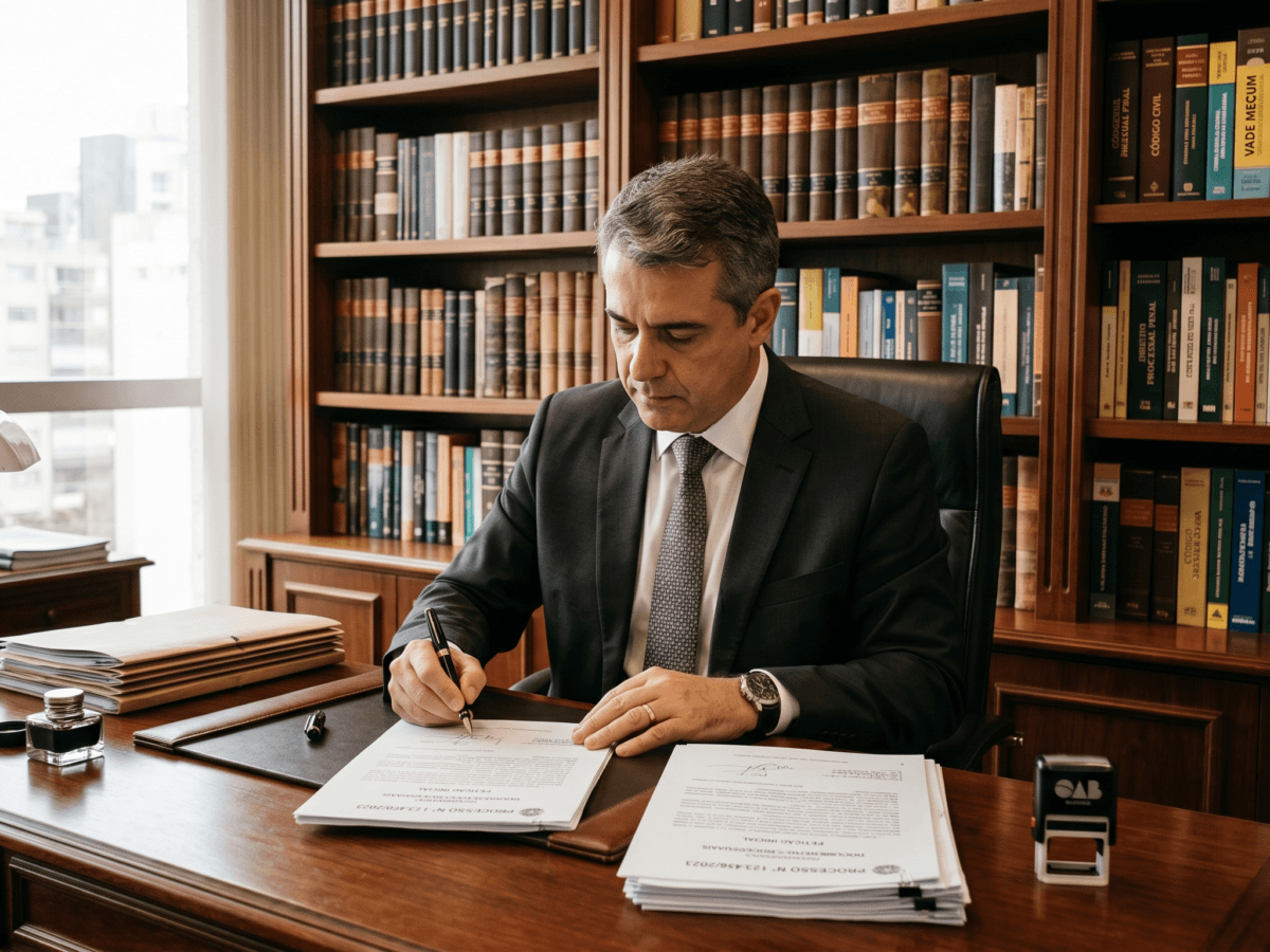 Advogado assinando petição de desistência do recurso trabalhista em um escritório jurídico