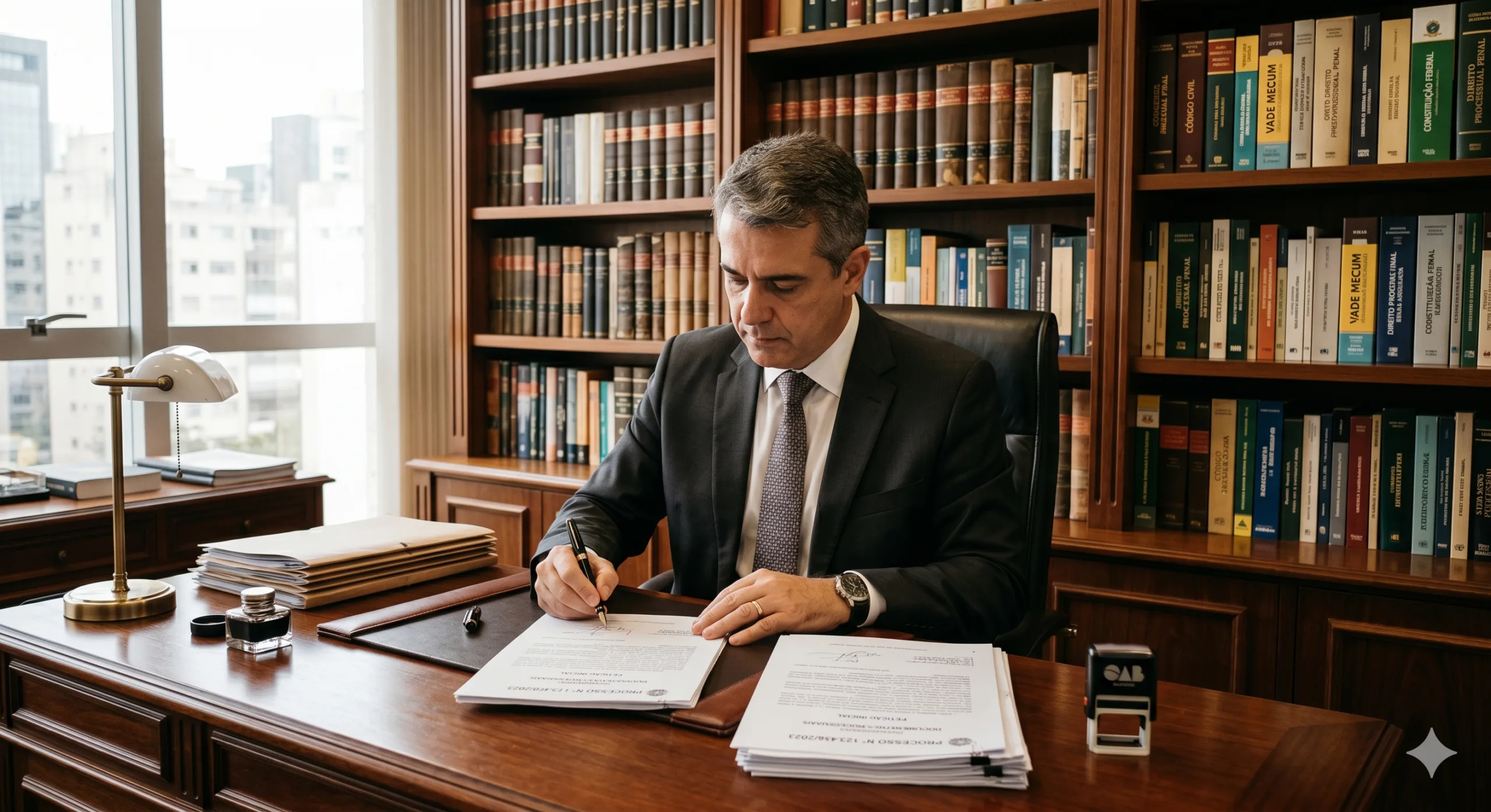 Advogado assinando petição de desistência do recurso trabalhista em um escritório jurídico