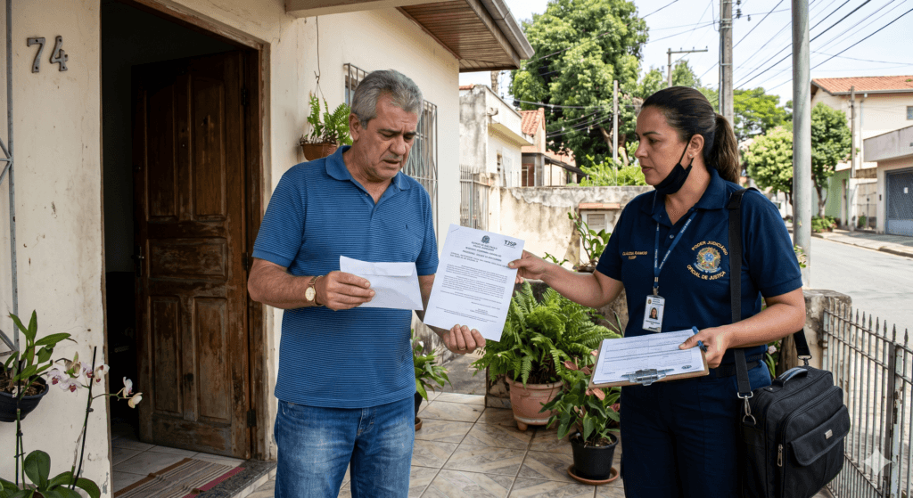 Cidadão recebendo notificação do oficial de justiça sobre penhora em seu imóvel inaugurando prazo para oposição de embargos de terceiro