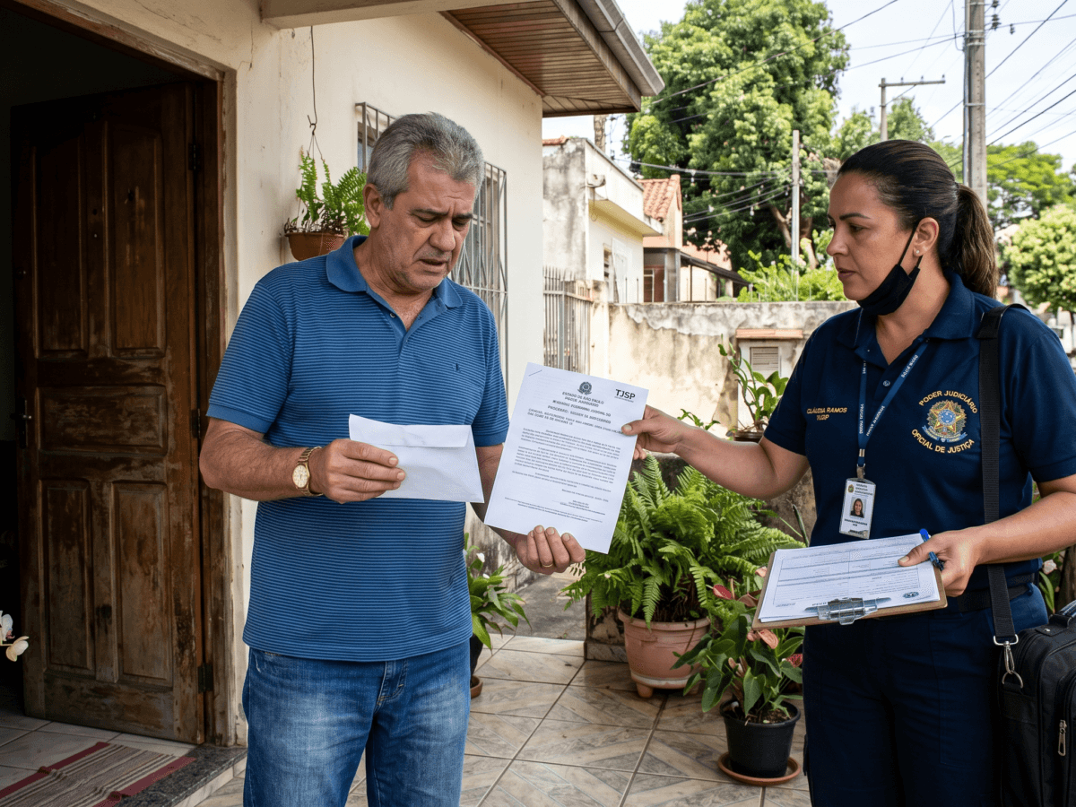 Cidadão recebendo notificação do oficial de justiça sobre penhora em seu imóvel inaugurando prazo para oposição de embargos de terceiro