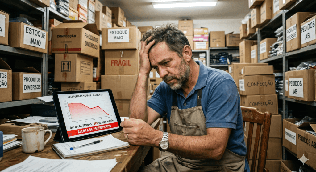Lojista analisando prejuízos e calculando lucros cessantes após bloqueio no e-commerce.