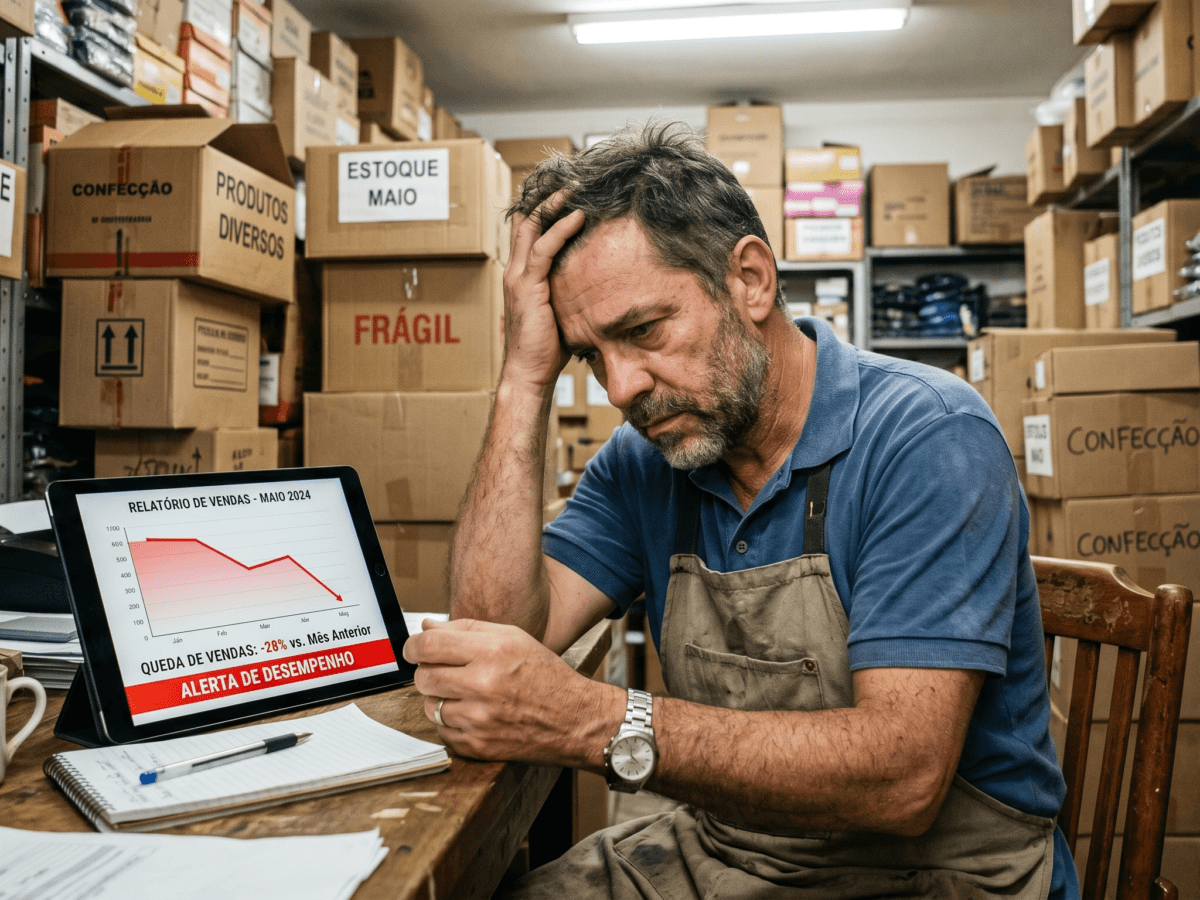 Lojista analisando prejuízos e calculando lucros cessantes após bloqueio no e-commerce.