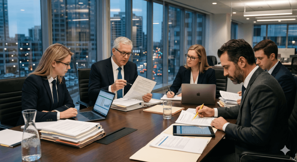 Profissionais do direito discutindo a viabilidade da produção antecipada de provas em litígios empresariais