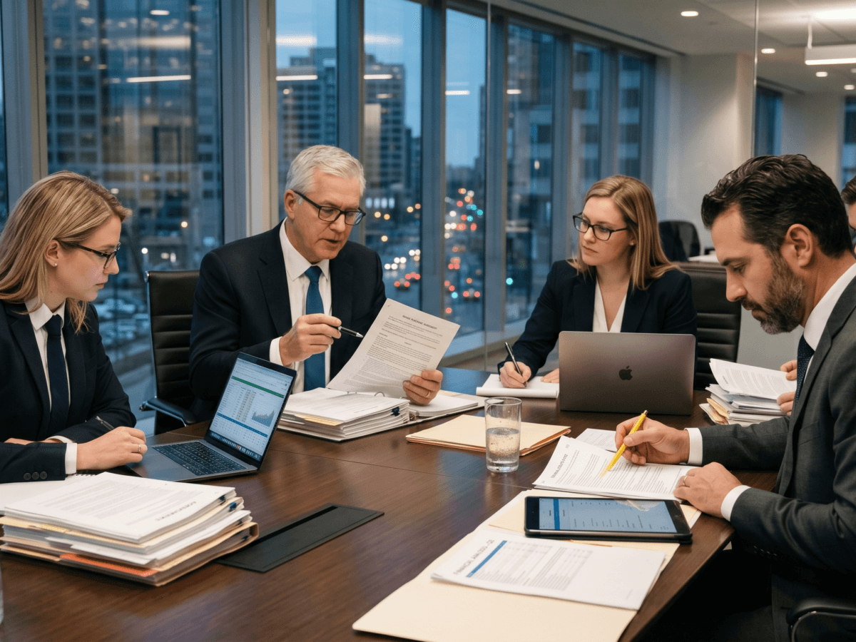 Profissionais do direito discutindo a viabilidade da produção antecipada de provas em litígios empresariais