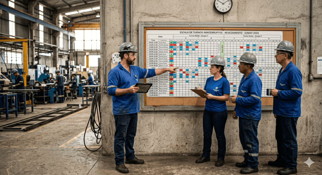 Trabalhadores operando tecnologia em ambiente industrial durante a jornada em turnos ininterruptos de revezamento.
