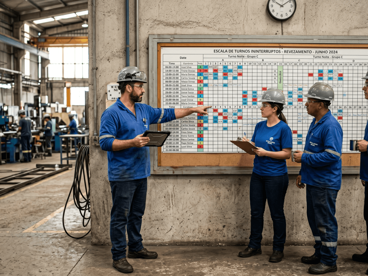 Trabalhadores operando tecnologia em ambiente industrial durante a jornada em turnos ininterruptos de revezamento.
