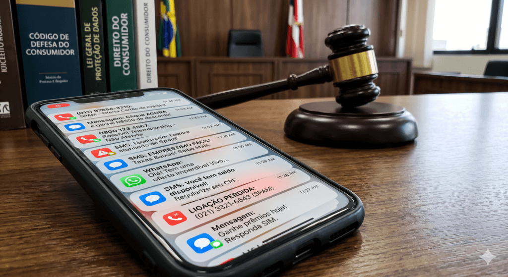 Smartphone recebendo mensagens indesejadas ilustrando um vazamento de dados LGPD.
