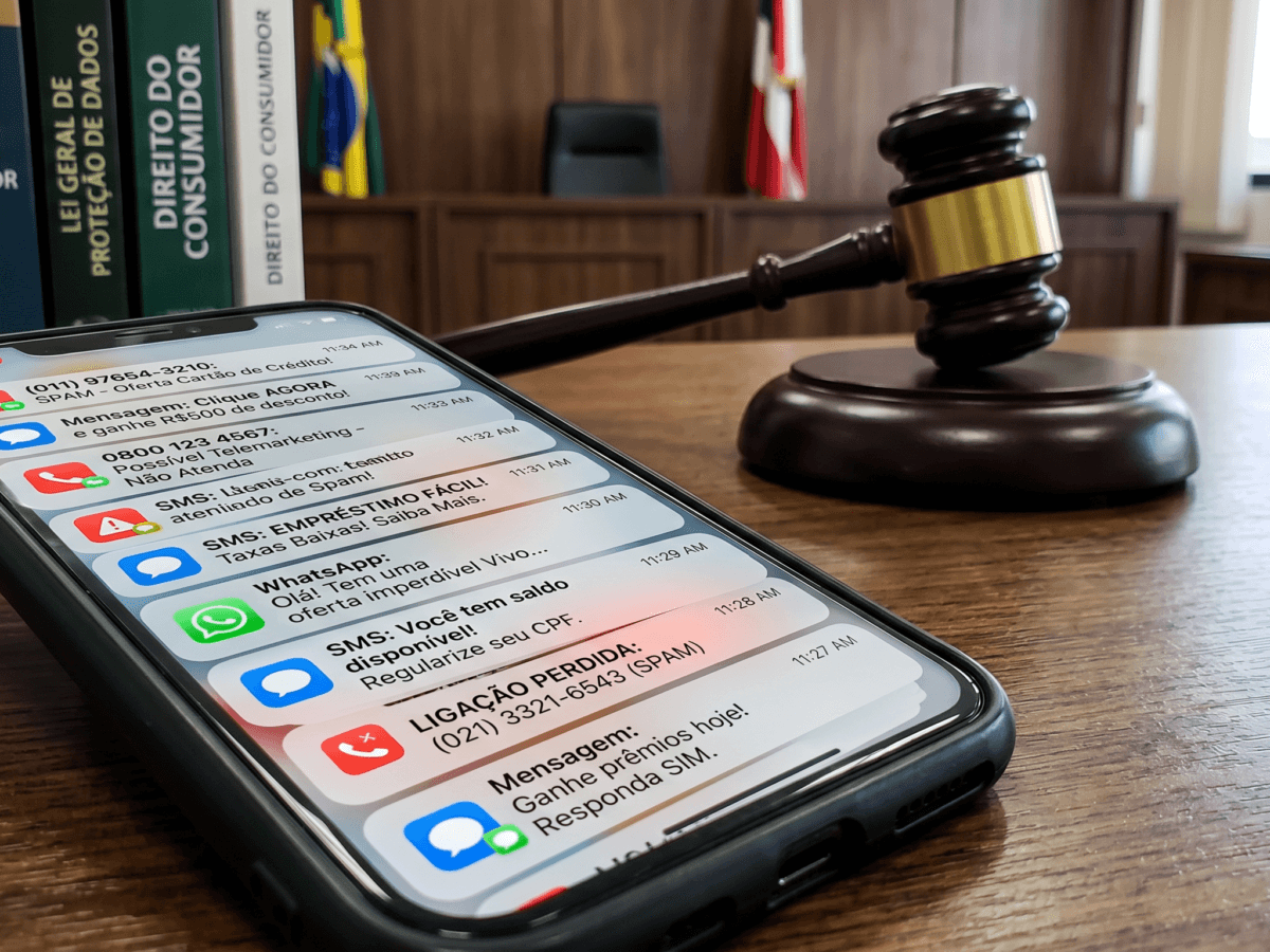 Smartphone recebendo mensagens indesejadas ilustrando um vazamento de dados LGPD.