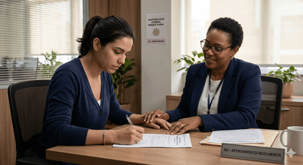 Advogada experiente explicando os trâmites do afastamento do trabalho por violência doméstica para uma cliente em situação de vulnerabilidade