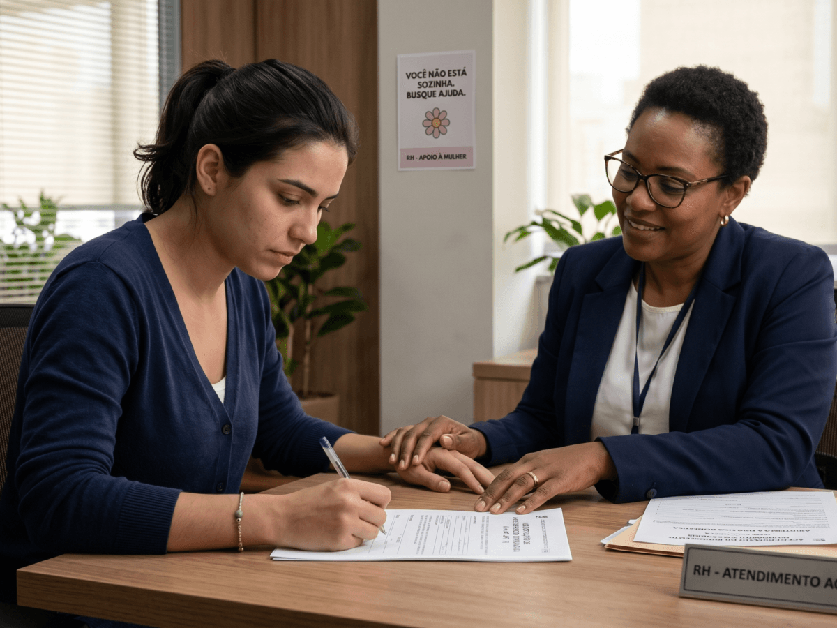 Advogada experiente explicando os trâmites do afastamento do trabalho por violência doméstica para uma cliente em situação de vulnerabilidade