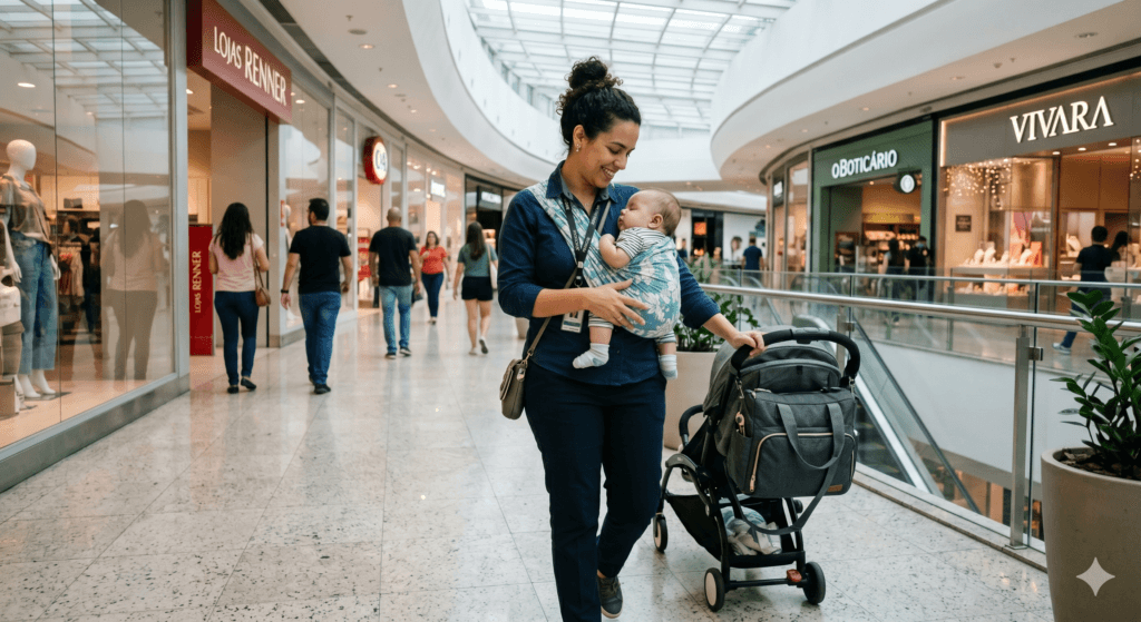Uma mãe trabalhadora exercendo o direito à amamentação em shopping center em um espaço seguro.