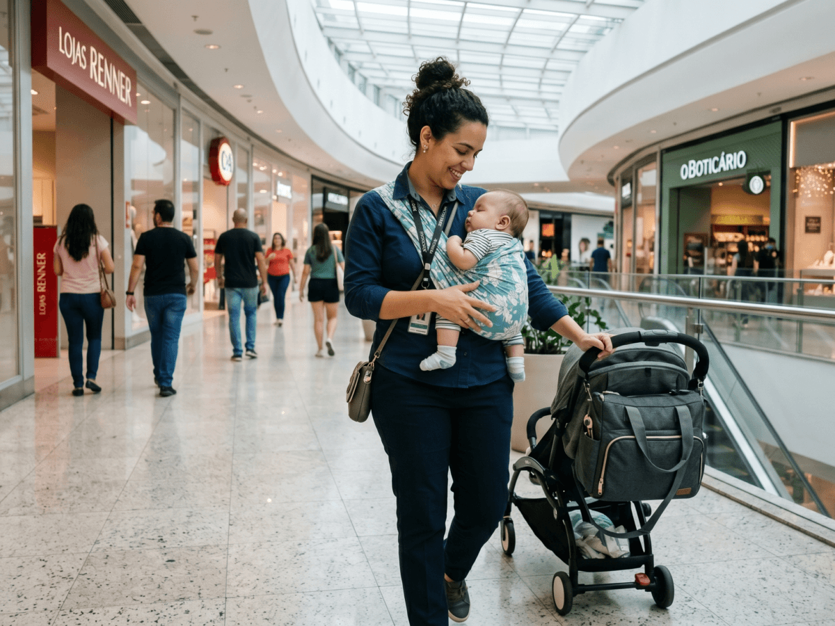 Uma mãe trabalhadora exercendo o direito à amamentação em shopping center em um espaço seguro.