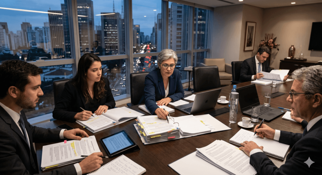 Documentos jurídicos sendo revisados para um processo de anulação de deliberação social focado em direito empresarial.