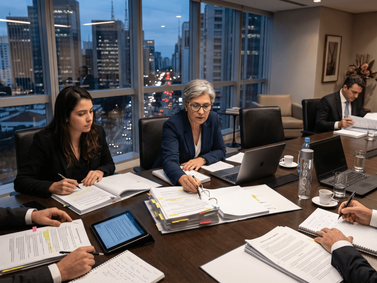 Documentos jurídicos sendo revisados para um processo de anulação de deliberação social focado em direito empresarial.