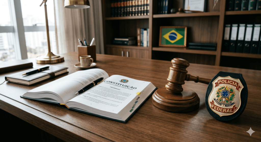 Ilustração técnica representando a base jurídica da aposentadoria especial policial através de símbolos do direito e da segurança pública.