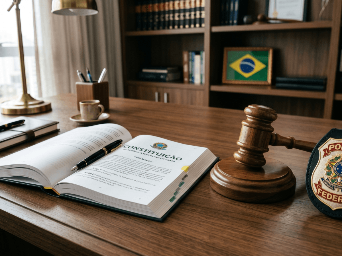 Ilustração técnica representando a base jurídica da aposentadoria especial policial através de símbolos do direito e da segurança pública.