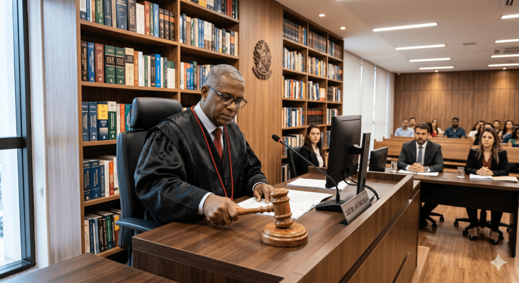 O martelo da justiça representando a competência da Justiça do Trabalho em ações civis públicas.