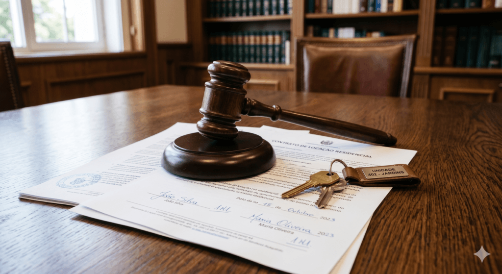 Fórum de justiça representando a tramitação de uma ação de despejo por falta de pagamento.