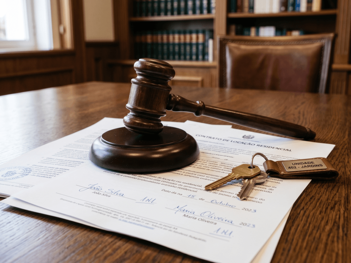 Fórum de justiça representando a tramitação de uma ação de despejo por falta de pagamento.